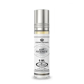 Zilver en witte parfumolie fles met label Avenue van Crown Perfumes, Al-Rehab Parfumolie